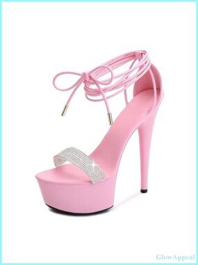 Rhinestone Lace Up Platform Stiletto Heeled Sandals Peep Toe 5.9 Inch High